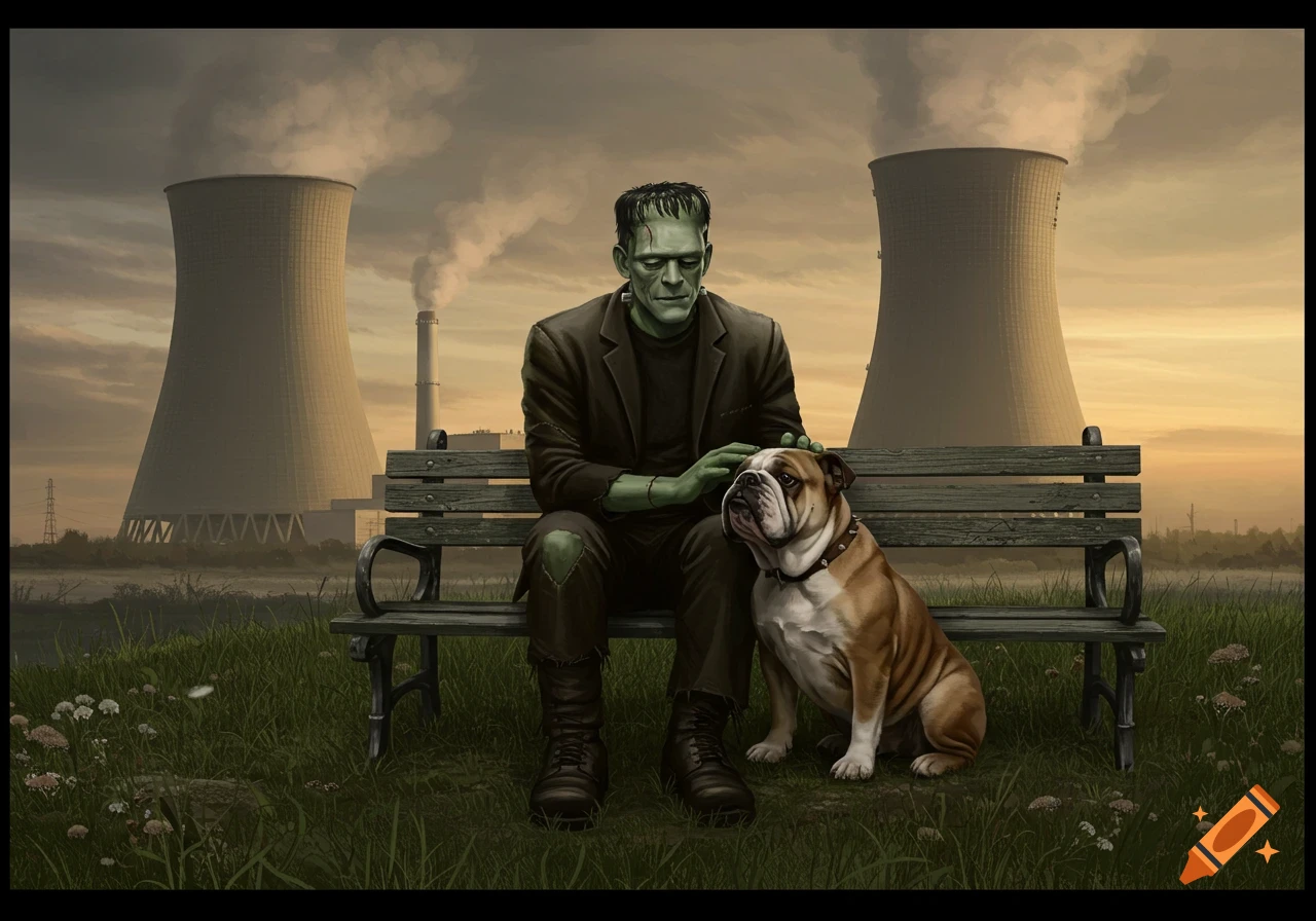 Frankenstein's monster sits on a park bench, gently petting a bulldog, with large nuclear cooling towers in the background.