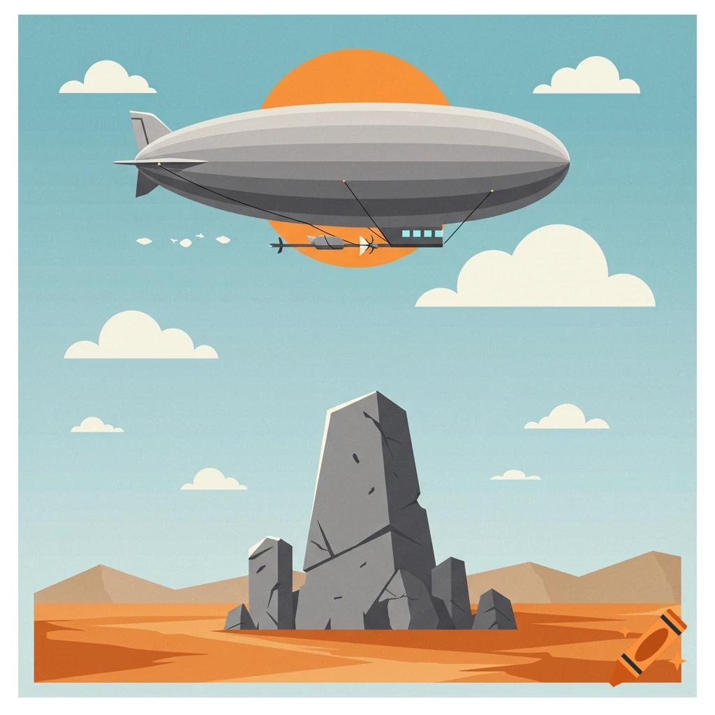 A stylized grey zeppelin flies over a reddish-brown desert with large geometric rocks and an orange sun in a clear blue sky.