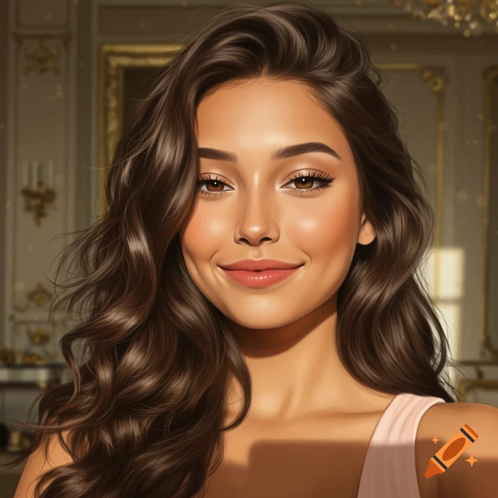 A close-up portrait of a young brunette woman with long wavy hair, smiling at the camera in a classy indoor setting.