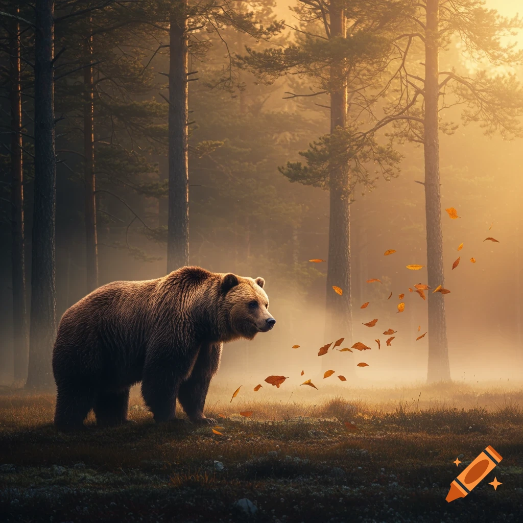 A large brown bear stands in a misty forest with golden light and falling autumn leaves.
