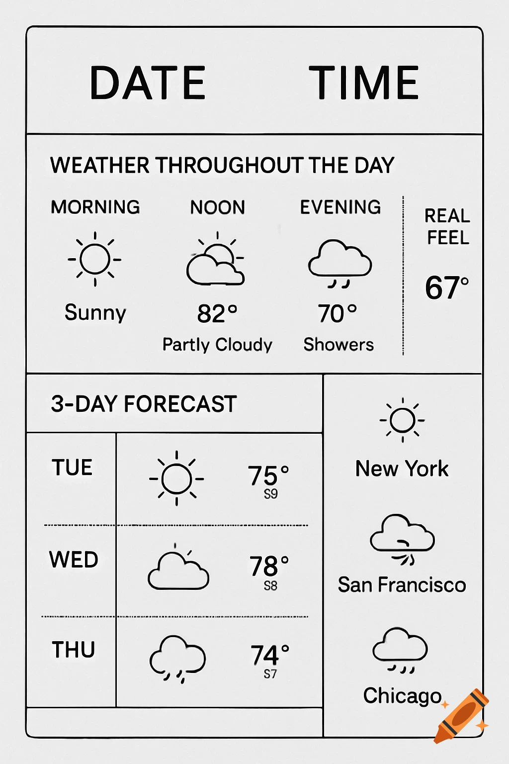 A minimalist black and white weather forecast display with daily and 3-day forecasts, temperatures, and weather icons for different cities.