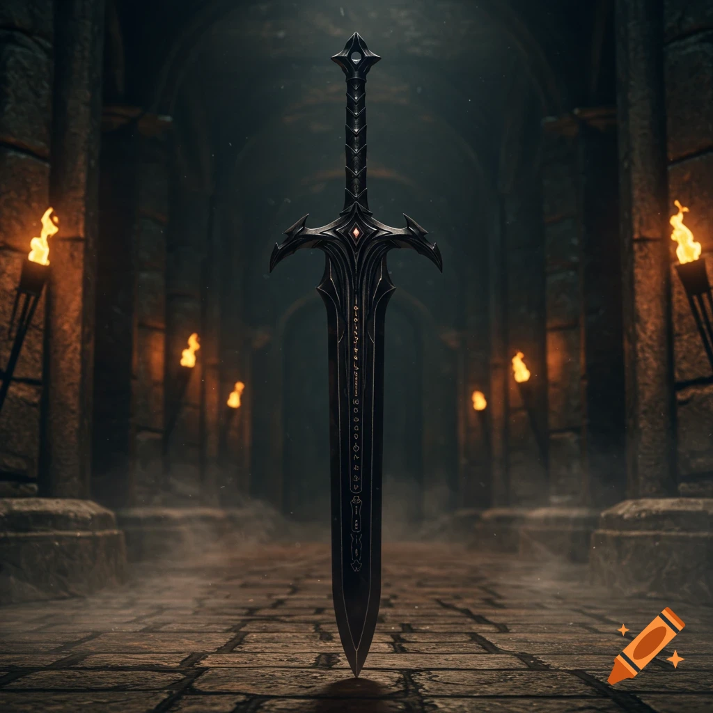 A dark, ornate fantasy longsword stands upright in a torch-lit stone dungeon.