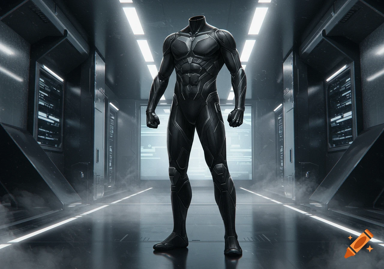 A black, headless superhero suit stands in a dark, futuristic sci-fi corridor with glowing lights.