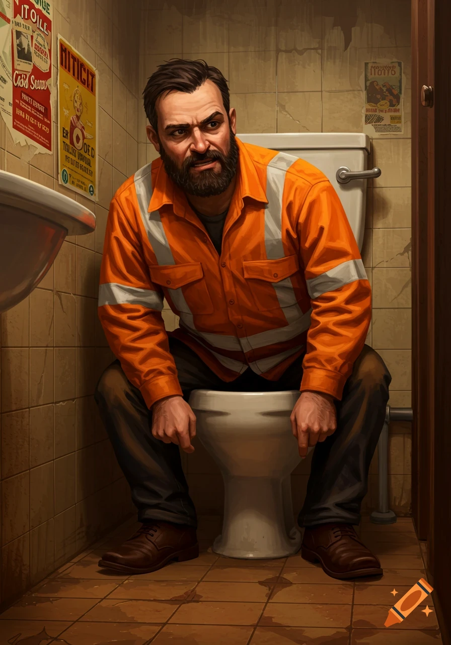 An illustrative image of a distressed man with a beard, wearing an orange high-visibility shirt and dark trousers, squatting uncomfortably on a low toilet in a tiled bathroom. Posters with illegible text are on the walls.
