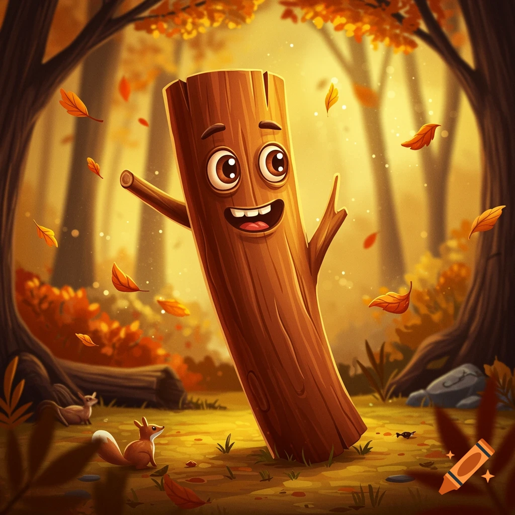 A happy cartoon wooden stick character with big eyes and a wide smile stands in an autumn forest with falling orange leaves and small animals in the background.