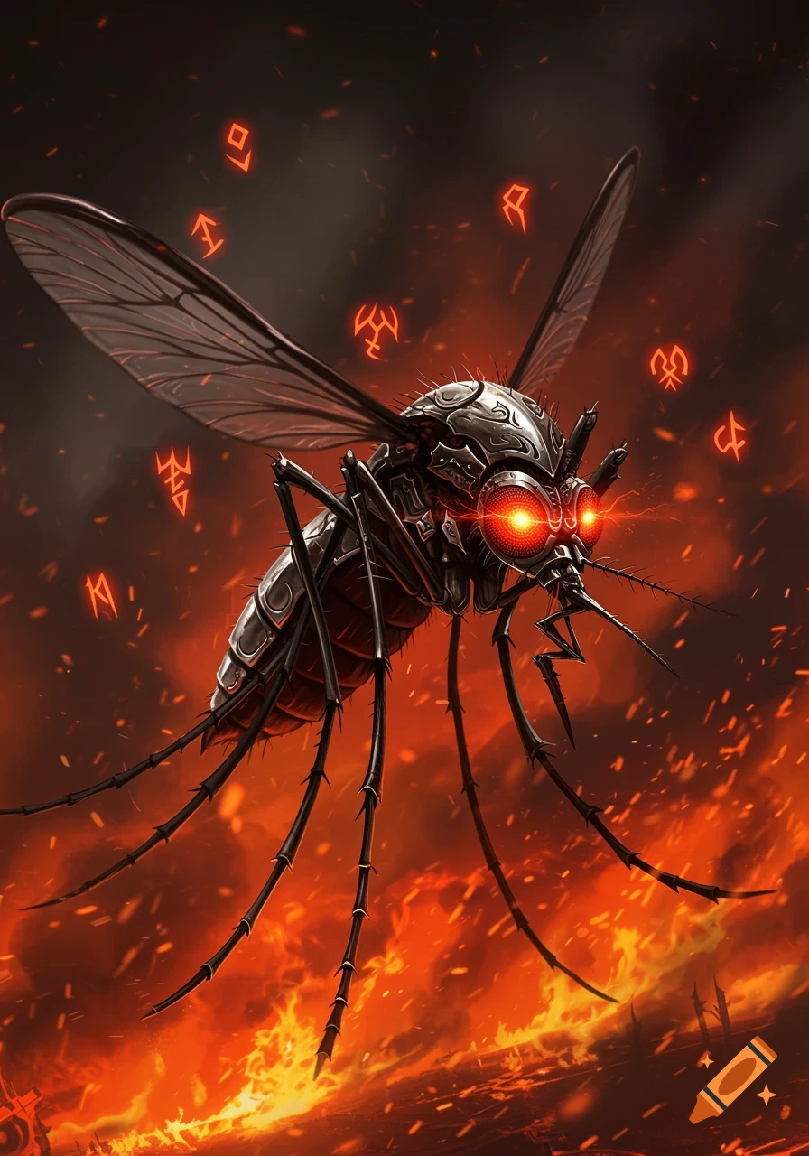 A large, metallic mosquito with glowing red eyes hovers over a fiery, hellish landscape with glowing orange runes.
