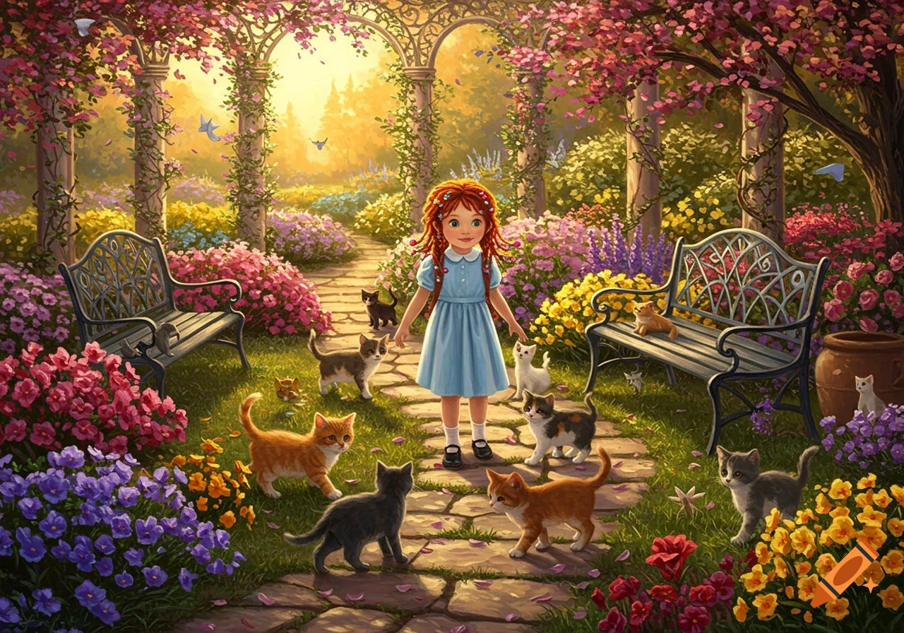 A whimsical illustration of a red-haired girl in a blue dress standing in a vibrant garden filled with colorful flowers and playful kittens.