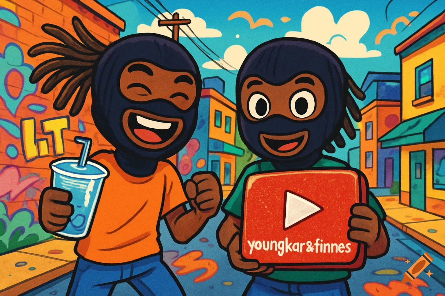 Two cartoon boys in ski masks, one with a drink, the other with a YouTube play button that says 'youngkar&finnes', on a graffiti-covered street.