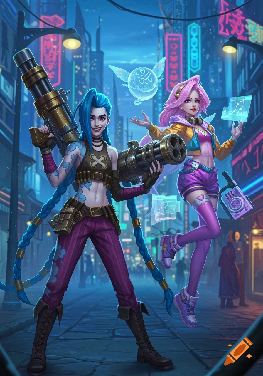 Jinx with a minigun and Seraphine holding a holographic screen stand in a vibrant neon-lit cyberpunk city street.