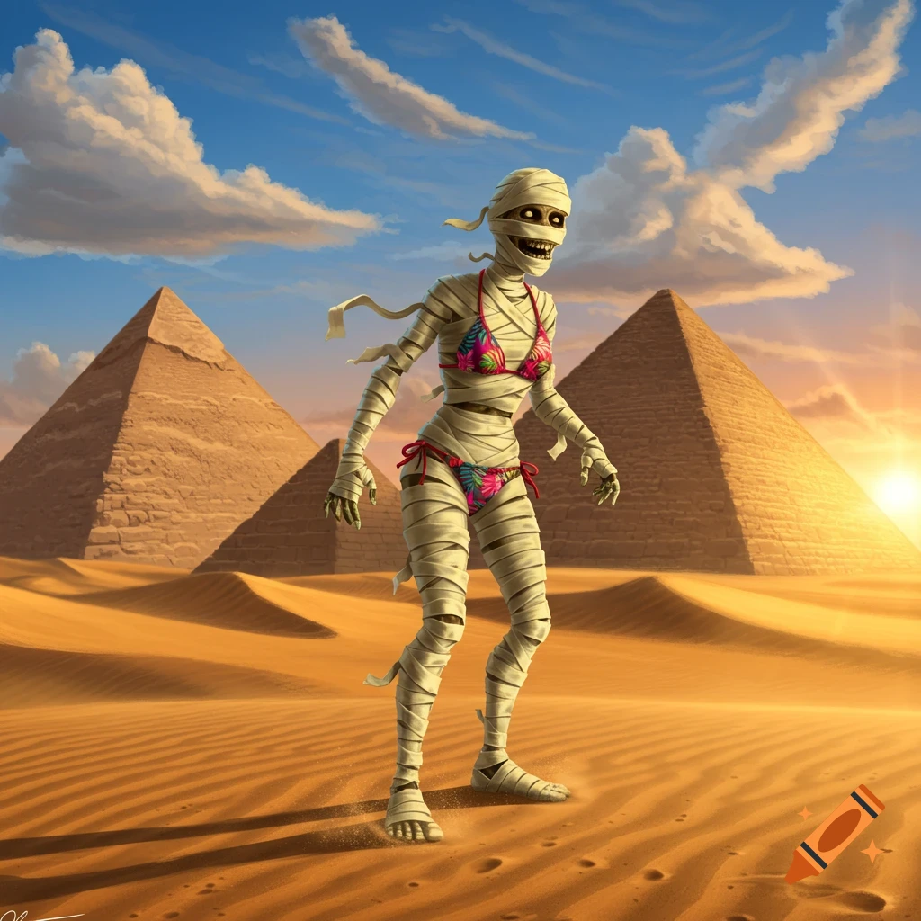 A stylized mummy wearing a floral bikini stands in a desert with pyramids under a blue sky.