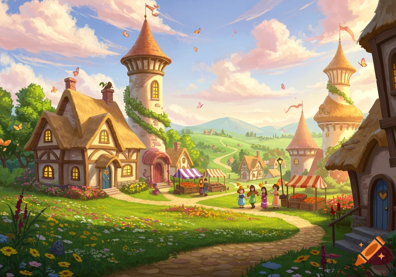 A vibrant, whimsical illustration of a fantasy village with houses, towers, and market stalls on a sunny day with butterflies.