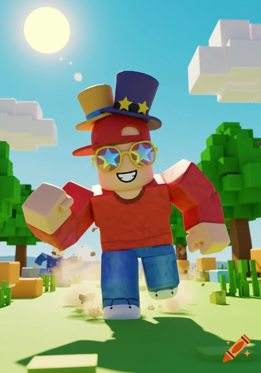 Roblox character with two hats and star sunglasses running through a sunny blocky landscape.