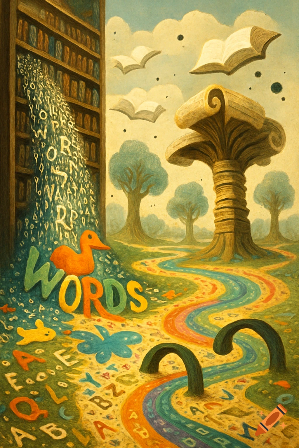A whimsical, surreal painting of words and letters forming a landscape, with books, a duck, and a flowing rainbow river.