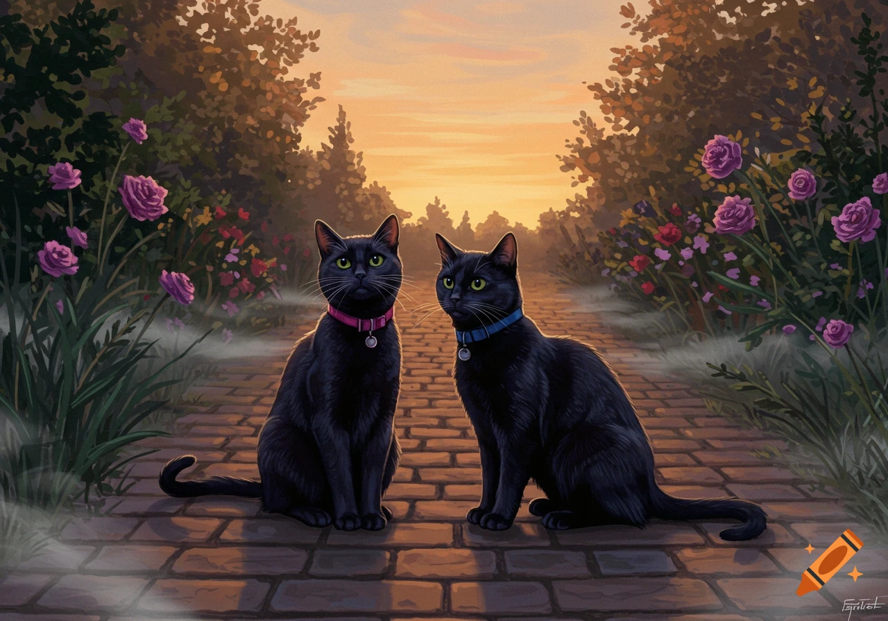 Two black cats with pink and blue collars sit on a brick path in a lush garden with roses at sunset.