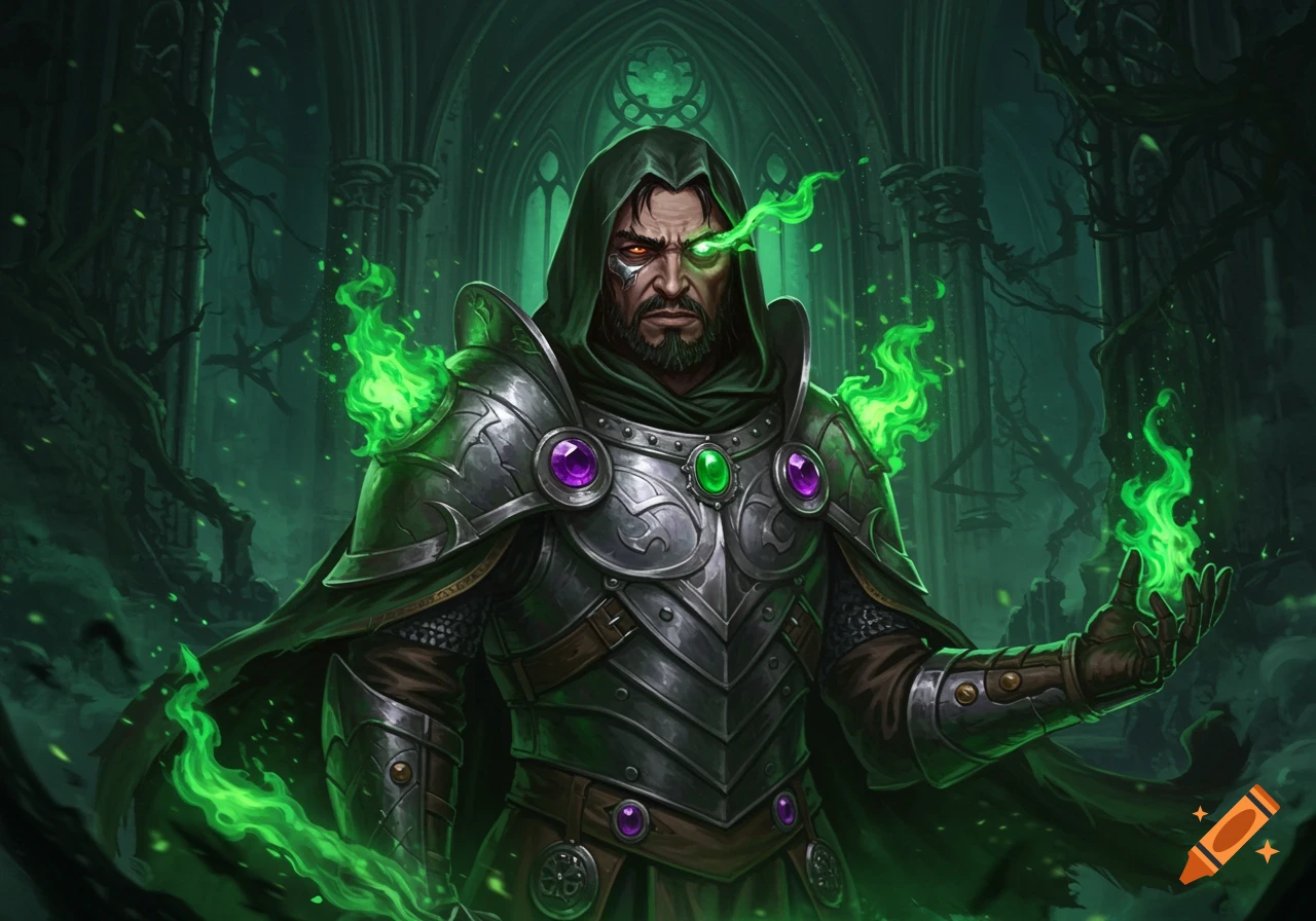 A bearded man in a dark green hood and silver armor, with one glowing green eye and green flames, stands in a gothic hall.