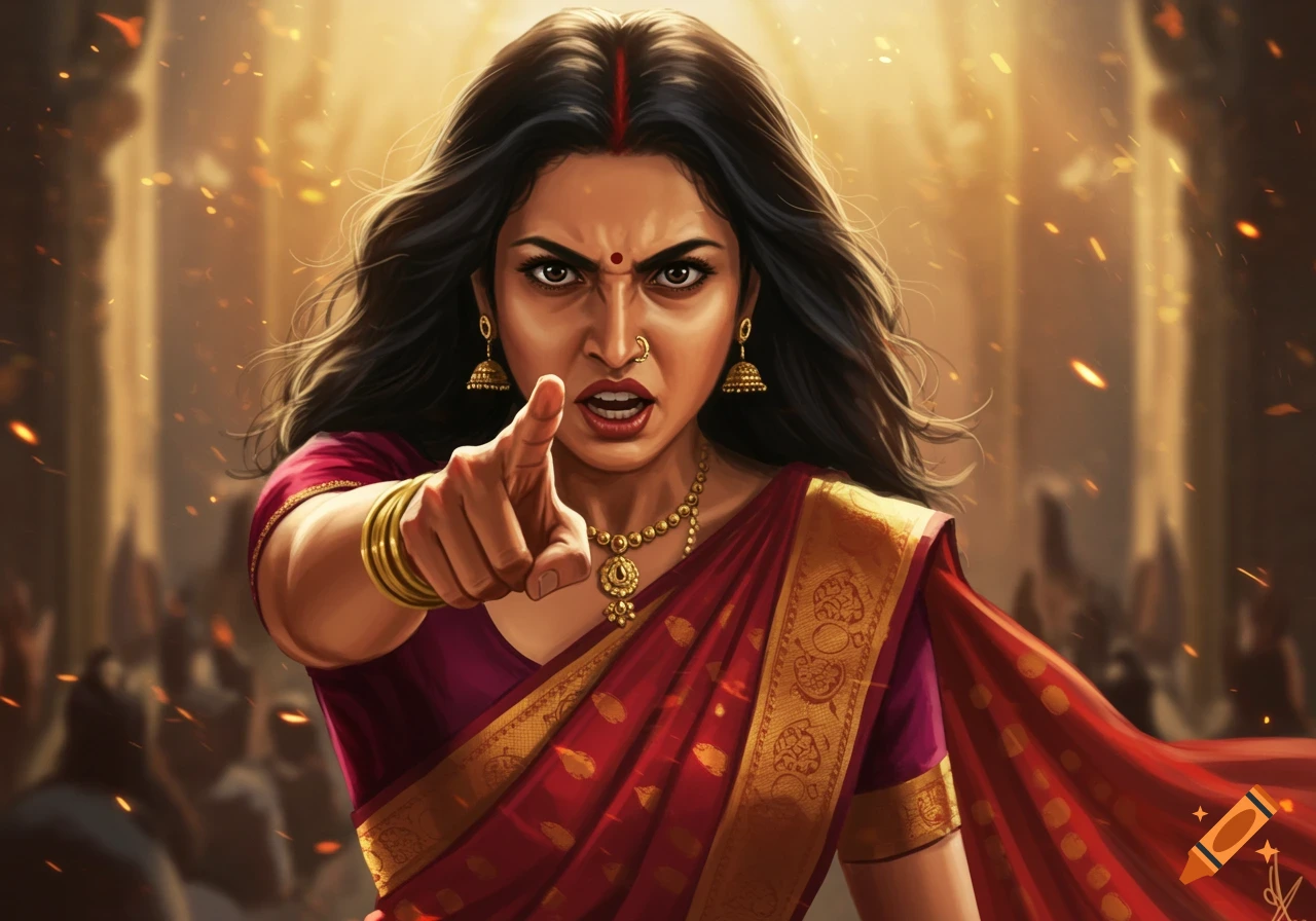 Angry Indian woman in a red saree and jewelry pointing forward and shouting, in a dramatic digital painting.