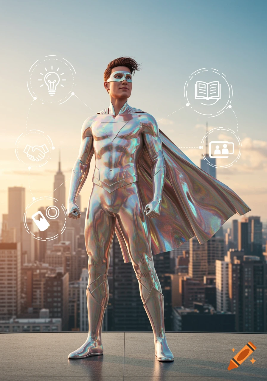 Photorealistic image of a male superhero in a shimmering silver suit and mask, standing on a city rooftop at sunset with glowing business icons.