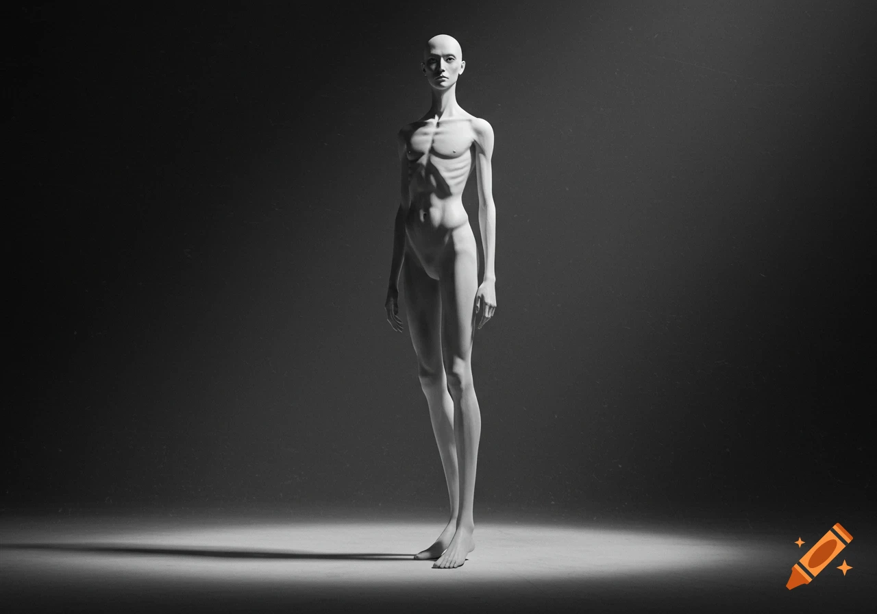 A grayscale full-body photo of an extremely slender, bald, nude figure standing in a spotlight.