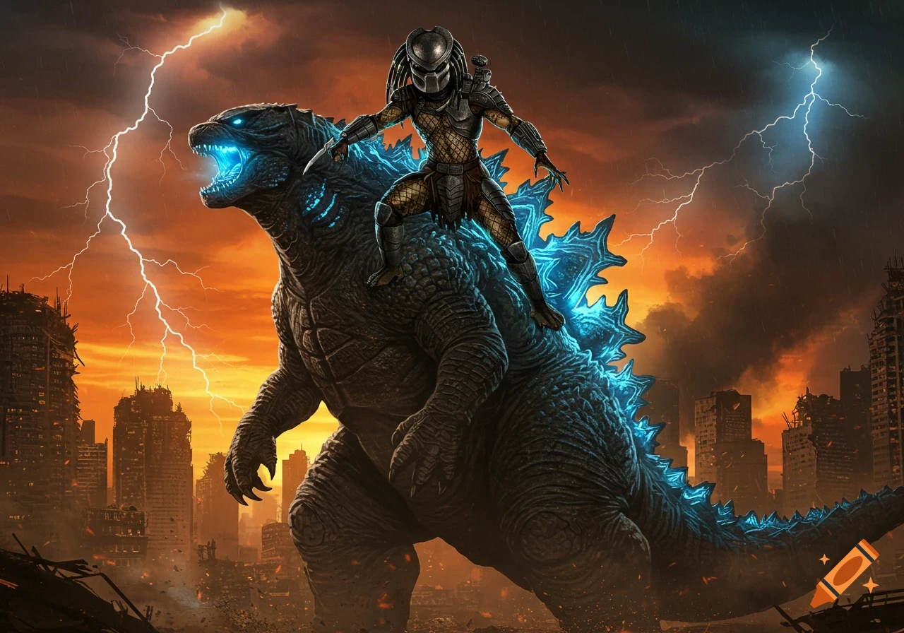 Predator riding on the back of Godzilla amidst a destroyed city under a stormy sky with lightning.