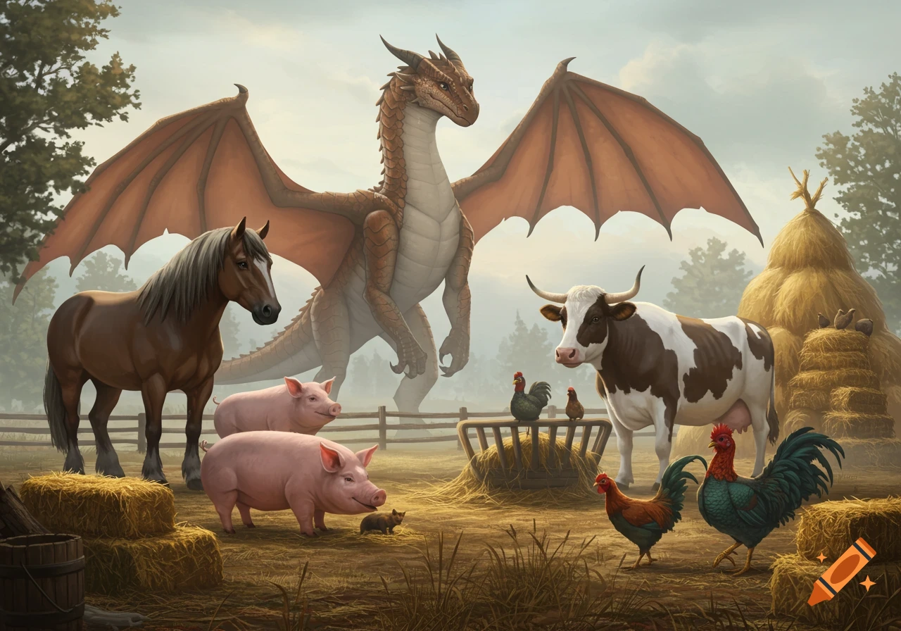 A large brown fantasy dragon stands in a misty farm field with a horse, two pigs, a cow, and chickens around hay bales.