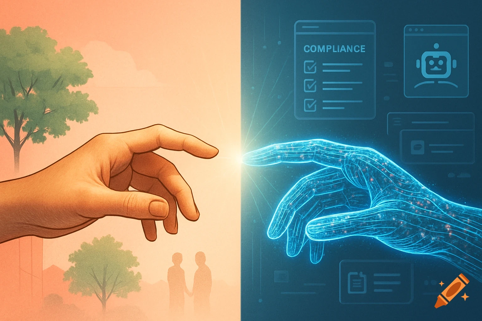 A conceptual digital illustration of a human hand and a glowing AI hand reaching to touch, symbolizing the merging of human and digital worlds.