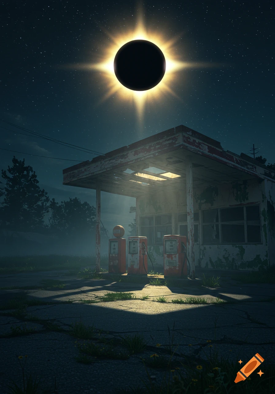 An old, derelict gas station with 1950s style pumps is illuminated by a brilliant solar eclipse in a dark, star-filled sky.