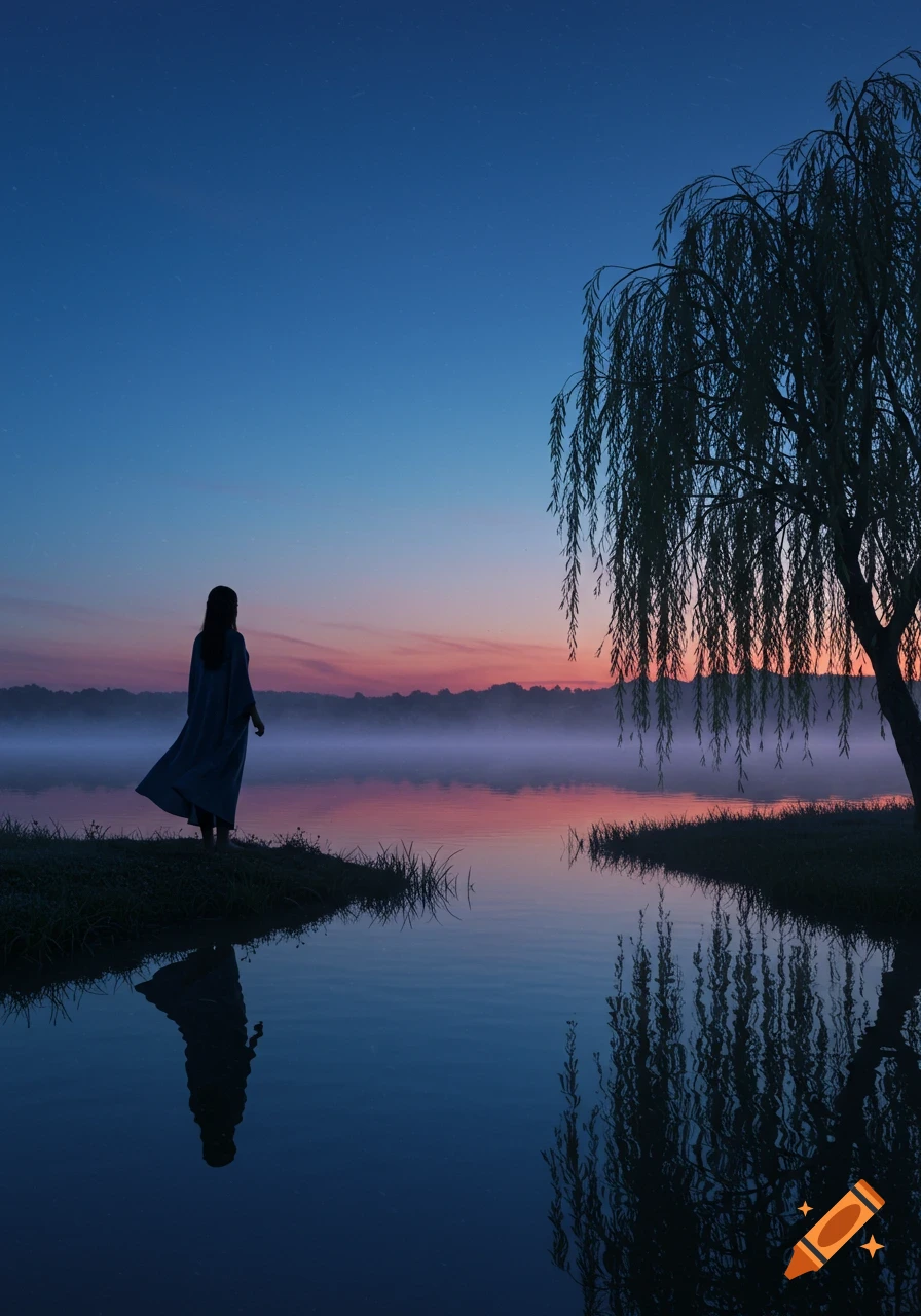 A lone figure stands by a misty lake at sunrise, with a weeping willow tree reflected in the water and a colorful sky.