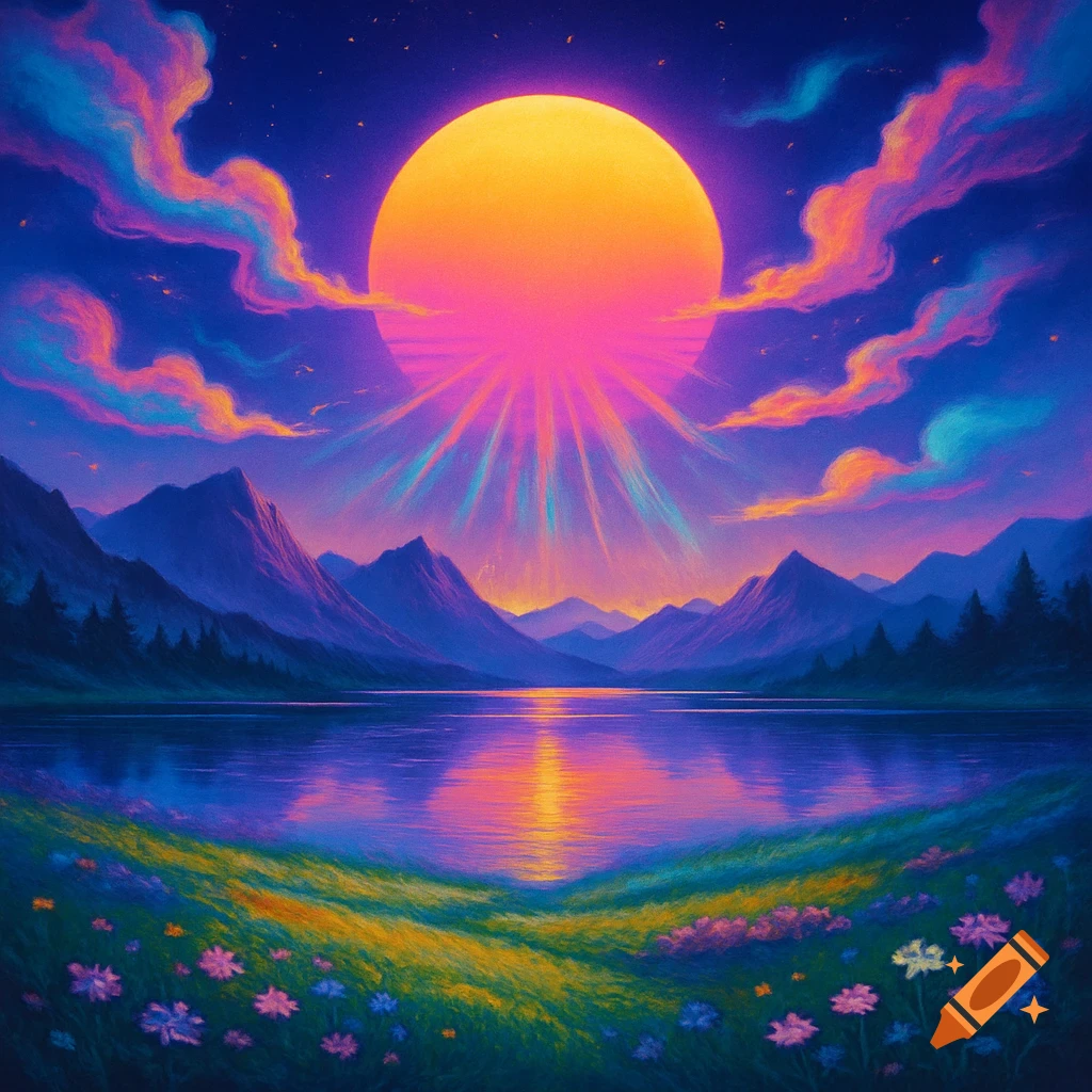 A vibrant, surreal landscape with a large orange and pink sun over a lake, mountains, and a field of colorful flowers, in a painterly style.
