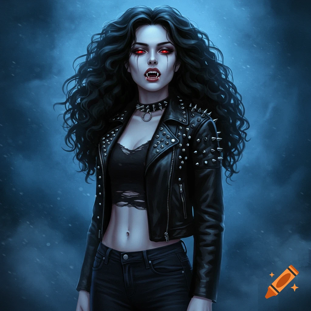 A pale-skinned vampire woman with long curly black hair, sharp red eyes, and fangs, wearing a black studded leather jacket and crop top, against a blue background.