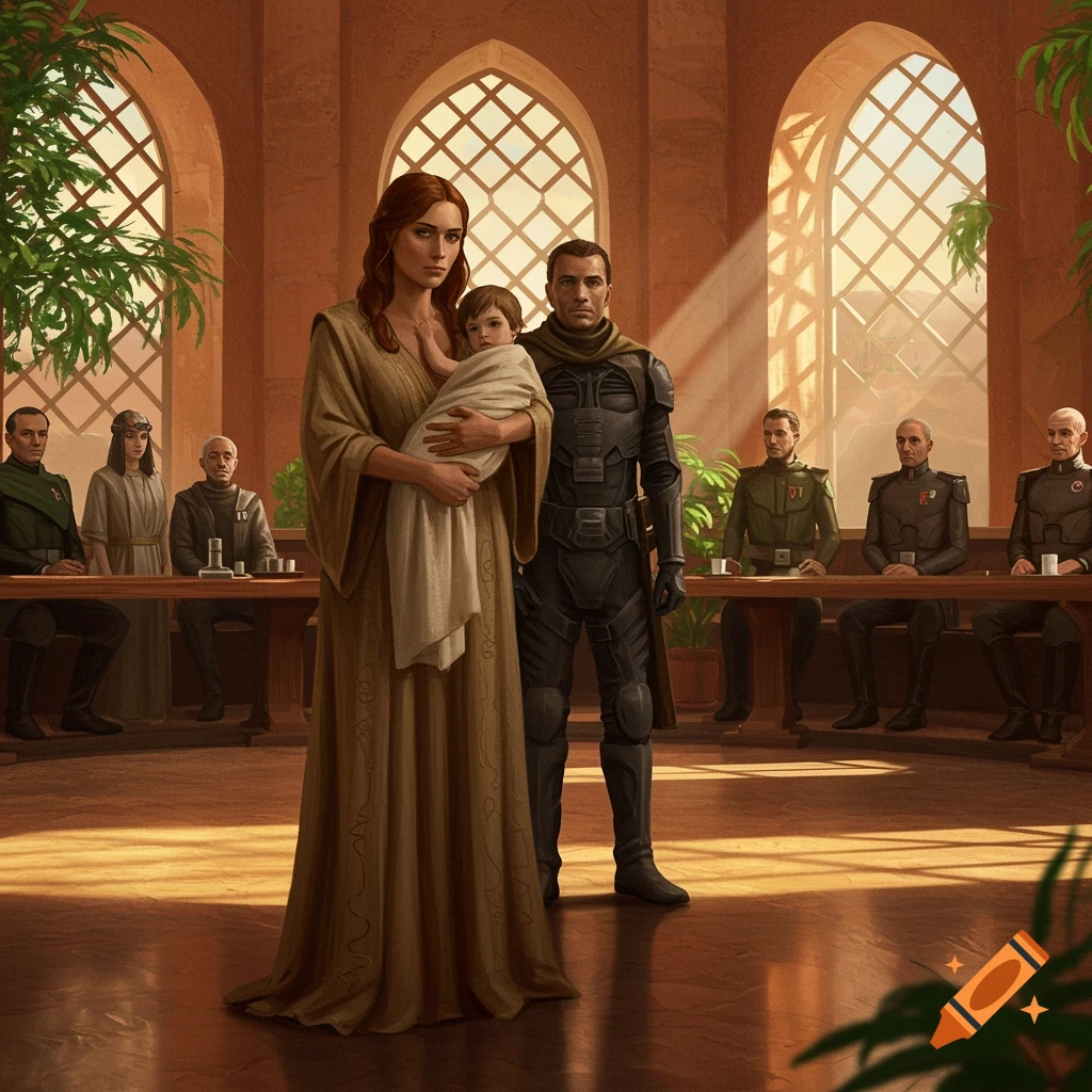 Lady Jessica holds baby Paul Atreides, with Duke Leto beside her, in a council meeting in a grand hall with arched windows. Other figures sit at tables.