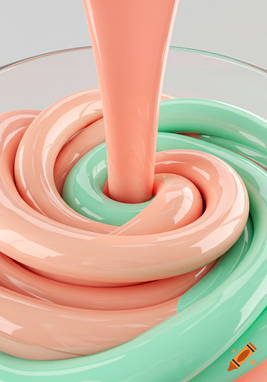Glossy peach and mint green liquids swirl together in a glass container, forming an abstract pattern.