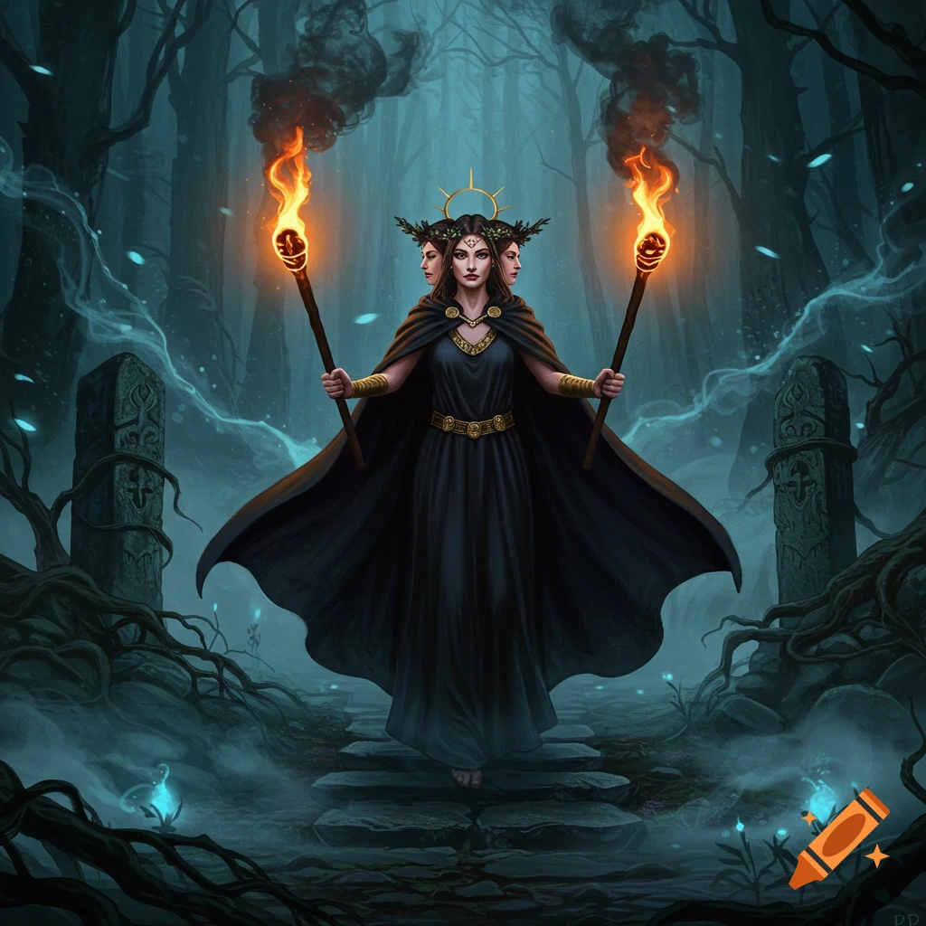 A three-headed goddess, Hecate, in a dark forest, holding flaming torches, digital painting style.