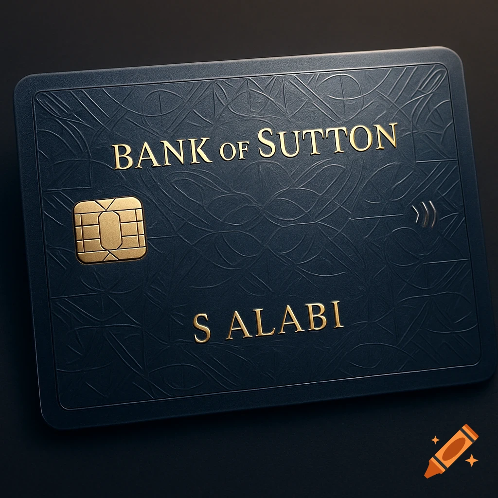 A sleek, dark blue bank card with a subtle patterned texture, a golden chip, and embossed golden text.