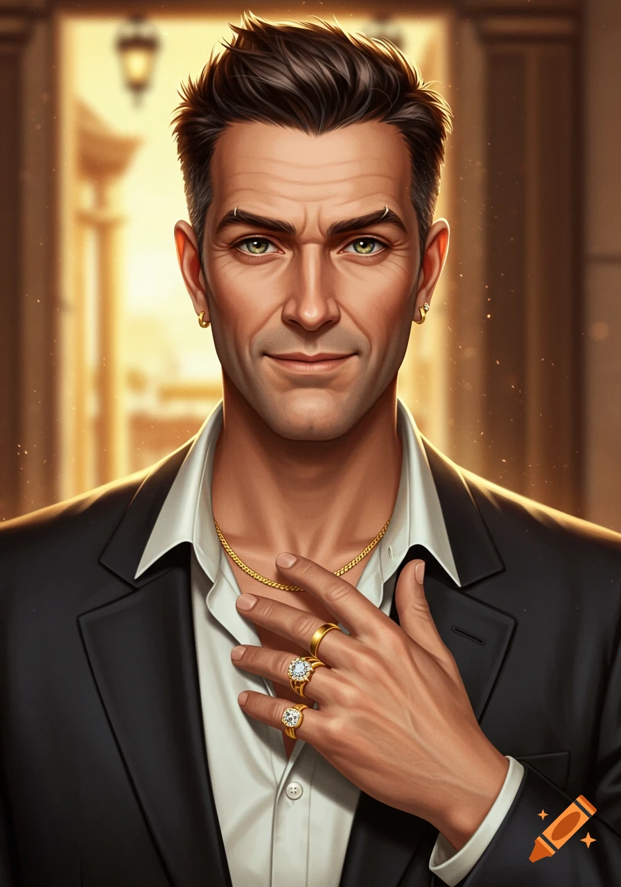 Photorealistic portrait of a man with dark hair and hazel eyes, wearing a black suit jacket, gold chain, earrings, and diamond rings.