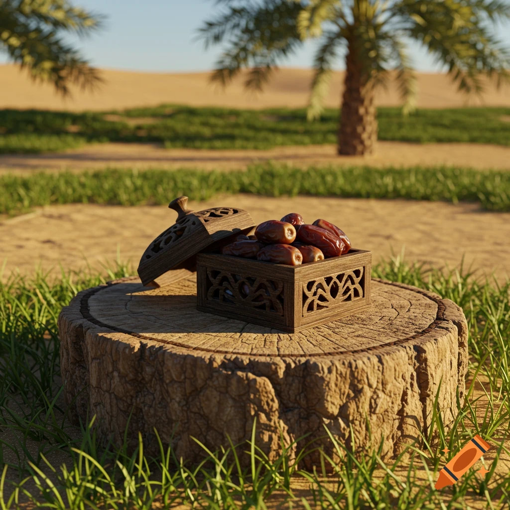 A photorealistic image of a carved wooden box filled with dates, sitting on a tree stump in a desert landscape with grass and palm trees.
