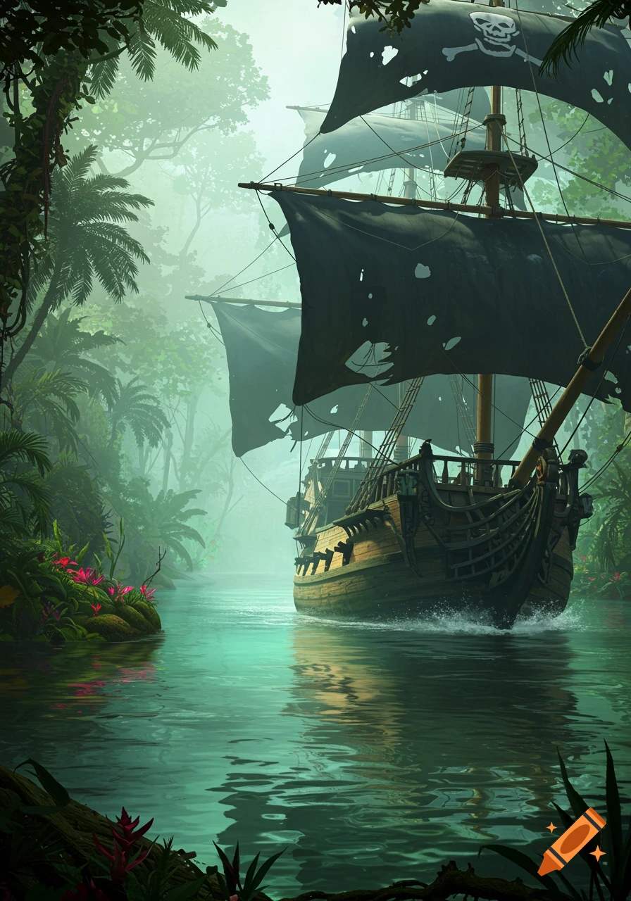 A pirate ship with tattered black sails featuring a skull and crossbones emblem sails down a misty jungle river.