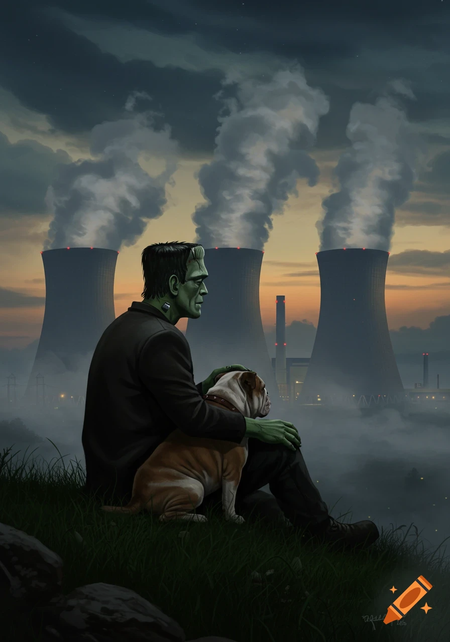 Frankenstein's monster and a bulldog sit on a grassy hill, looking at nuclear cooling towers emitting smoke at dusk.