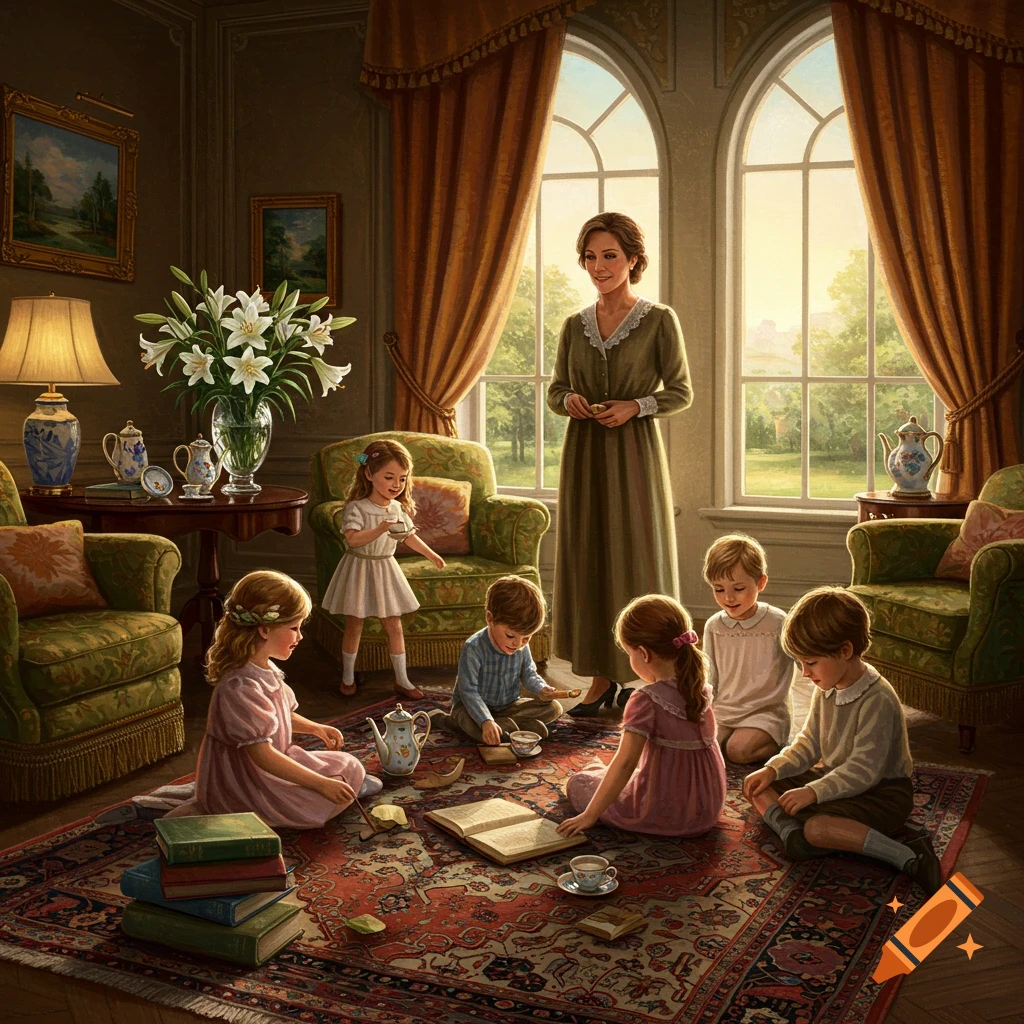A woman oversees several children playing and reading on a rug in a grand, sunlit traditional living room.
