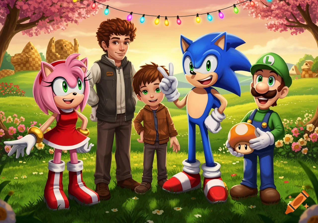 Amy Rose, Sonic, Luigi holding a mushroom, and two human characters stand together in a vibrant green field under a cherry blossom tree with party lights.
