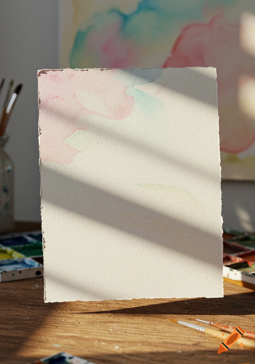 A textured watercolor paper stands upright on a wooden table with faint pink, blue, and green washes. Art supplies are in the background.