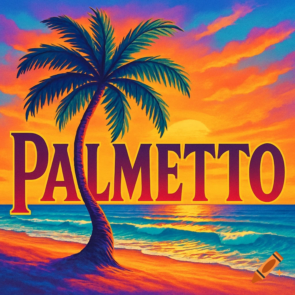 Vibrant illustration of a beach at sunset with a palm tree and the word PALMETTO.