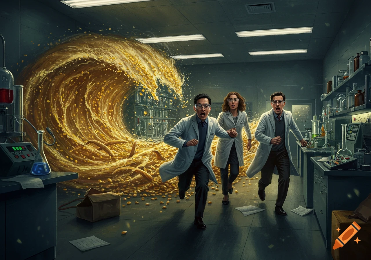 Three shocked scientists in lab coats run in a laboratory from a large, golden tidal wave made of corn grains.