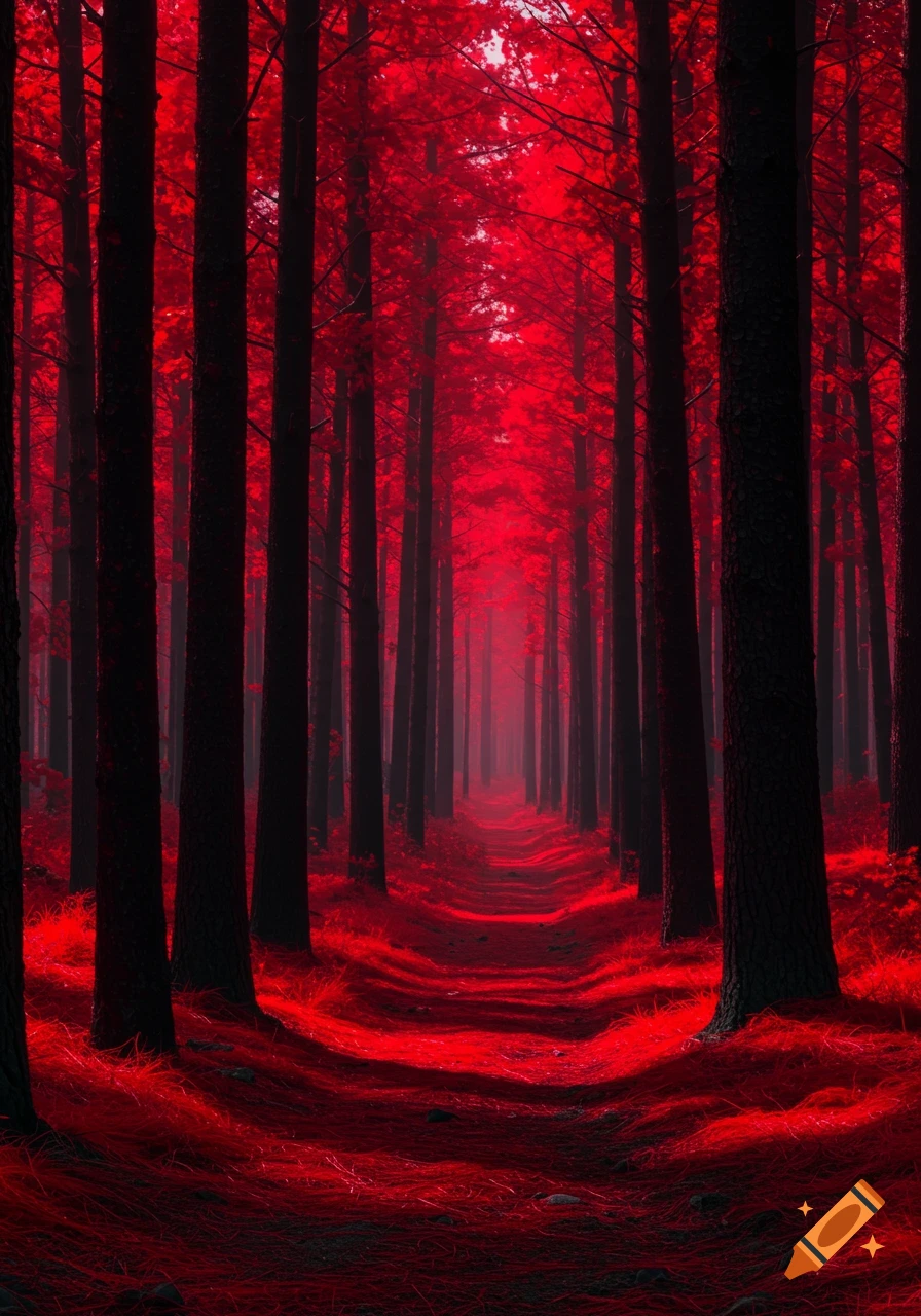 A vibrant red forest with tall, dark tree trunks lining a winding path that leads into the misty distance.