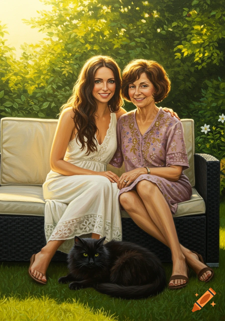 Two smiling women, one with long dark hair, the other with short brown hair, sit on an outdoor lounge next to a black cat in a sunny garden.