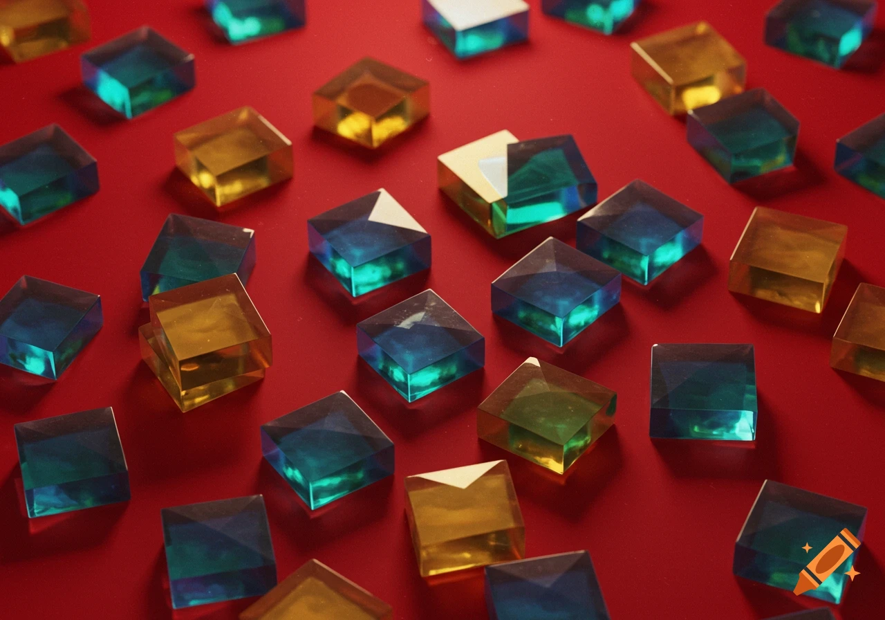 Blue, green, and gold translucent square blocks scattered on a red surface.