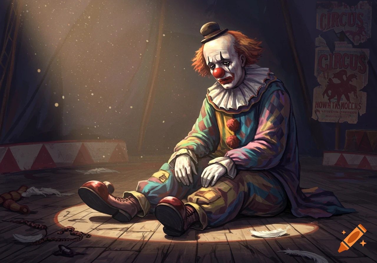 A sad clown with a white painted face, red nose, and colorful harlequin costume sits on the wooden floor of a dimly lit circus tent.