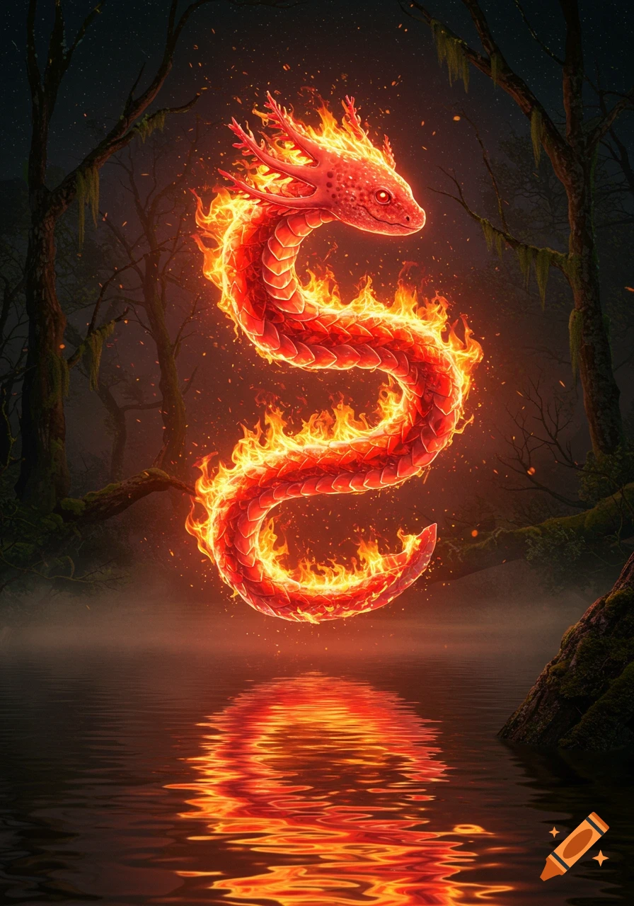 A vibrant red, fiery Axolotl dragon floats above dark, reflective water in a mystical, moonlit forest, digital art.