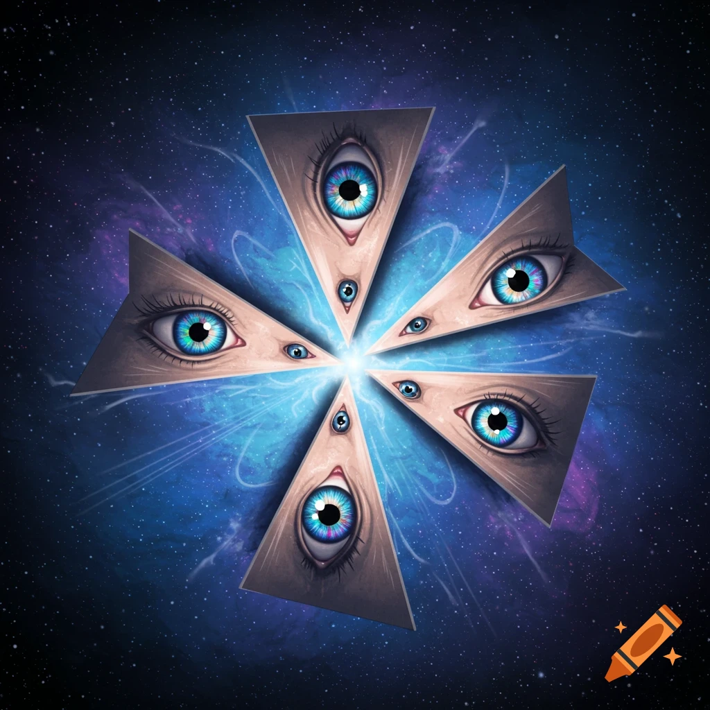 Six triangles, each containing a large blue eye, are arranged in a swirling pattern around a bright light source against a starry purple and blue galaxy background. Smaller, less defined eyes are visible around the central light.