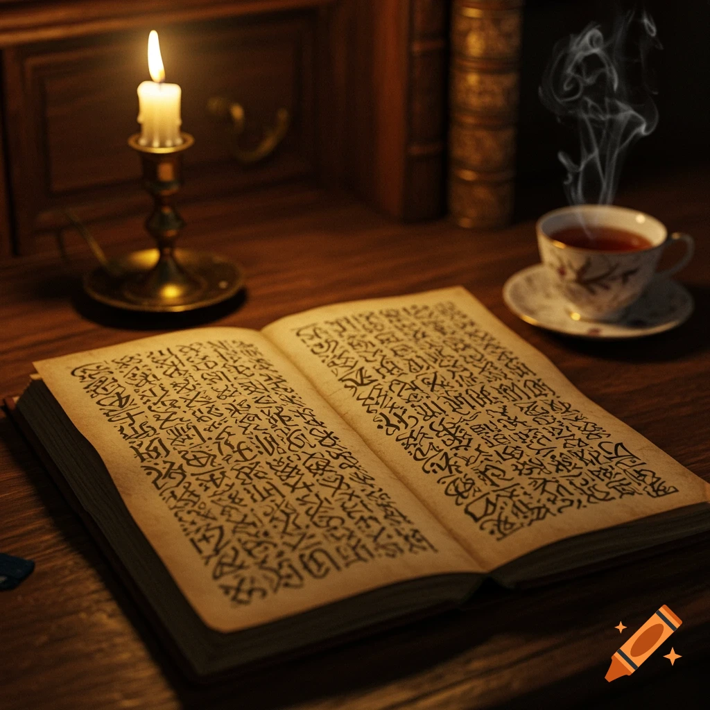 An open book with fake foreign script on a wooden desk, illuminated by a flickering candle, with a steaming cup of tea nearby.