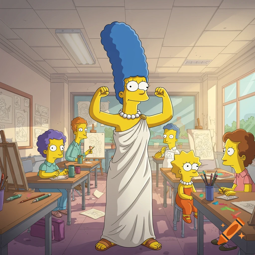 Marge Simpson in a toga flexes her arms in a cartoon art class with other students.